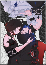 2girls bare_shoulders black_dress black_hair black_sleeves blue_hair closed_eyes closed_mouth commentary commission detached_sleeves dress english_commentary gloves highres honkai_(series) honkai_impact_3rd korean_commentary lying multicolored_hair multiple_girls on_side pantyhose puffy_short_sleeves puffy_sleeves red_hair red_pantyhose rotational_symmetry satyharvenheit seele_(alter_ego) seele_vollerei short_hair short_sleeves smile two-tone_hair white_gloves white_pantyhose white_sleeves