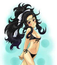 Rule 34 | 1girl, alternate costume, alternate hairstyle, arms behind back, bare arms, bikini, black bikini, black hair, blush, bra, breasts, cleavage, facial mark, fire emblem, fire emblem fates, forehead mark, hair ribbon, high ponytail, kitaqoo, lace, lace-trimmed bra, lace trim, long hair, looking at viewer, messy hair, nintendo, nyx (fire emblem), own hands together, ponytail, ribbon, small breasts, smile, solo, swimsuit, thighs, underwear, white ribbon