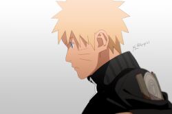 1boy black_jacket blonde_hair blue_eyes closed_mouth grey_background jacket male_focus naruto_(series) naruto_shippuuden ninja short_hair solo spiked_hair upper_body uzumaki_naruto zifletts