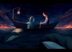 1boy 1girl blue_hair boat brown_hair commentary_request eel_boy facing_another fins floyd_leech head_fins highres holding holding_oar lantern monster_boy n0_2434 night oar outdoors partially_submerged reverse_trap rowboat sharp_teeth short_hair sky spines star_(sky) starry_sky teeth twisted_wonderland water watercraft yuu_(twisted_wonderland)