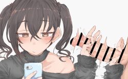Rule 34 | 1boy, 1girl, absurdres, afterimage, bar censor, black hair, black sweater, blush, bored, brown eyes, cellphone, censored, closed mouth, erection, hair between eyes, handjob, hetero, highres, holding, holding phone, idolmaster, idolmaster cinderella girls, medium hair, mole, mole under eye, multitasking, penis, phone, single bare shoulder, single off shoulder, sleeves past wrists, smartphone, solo focus, sunazuka akira, sweater, twintails, wasabijoyu76, white background