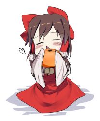 1girl blush bow brown_hair closed_eyes commentary_request cookie_(touhou) detached_sleeves dress food frilled_hair_tubes frills fruit full_body hair_bow hair_tubes hakurei_reimu heart holding_orange ketsuban_equals_rira long_dress long_hair open_mouth orange_(fruit) red_bow red_dress sakenomi_(cookie) sidelocks simple_background sleeves_past_fingers sleeves_past_wrists solo touhou triangle_mouth white_background white_sleeves wide_sleeves