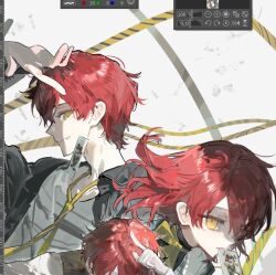 Rule 34 | 1boy, 1girl, arm up, card, from side, hair between eyes, holding, jacket, long hair, looking at viewer, male focus, necktie, open clothes, original, photo (object), profile, qyzhiaiyisheng, red hair, ribbon, shirt, short hair, upper body, yellow eyes, yellow necktie