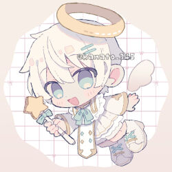 1boy :d angel blue_bow blue_bowtie blue_eyes blush bow bowtie chibi chibi_only commentary dress full_body grid_background hair_ornament hairclip halo highres holding holding_wand kanamochi_kanato long_sleeves looking_at_viewer male_focus open_mouth original shoes short_hair shorts smile solo traditional_halo twitter_username wand white_background white_dress white_hair white_shoes white_shorts