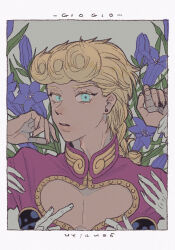 1boy adam&#039;s_apple aqua_eyes bishounen blonde_hair border braid character_name cleavage_cutout clothing_cutout collared_jacket colored_eyelashes earrings english_text flower flower_request giorno_giovanna highres jacket jewelry jojo_no_kimyou_na_bouken ladybug_ornament looking_at_viewer male_focus muted_color out_of_frame parted_lips pectoral_cleavage pectorals pink_jacket solo_focus stud_earrings t_0nd vento_aureo victory_rolls white_border wing_ornament