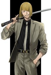 1boy ai_(ai1470) belt bleach blonde_hair blunt_bangs blunt_ends bob_cut cowboy_shot formal_clothes hair_over_one_eye hand_in_pocket highres hirako_shinji holding holding_sword holding_weapon japanese_clothes katana long_sleeves looking_at_viewer male_focus necktie shirt short_hair simple_background sleeves_pushed_up smile solo suit sword teeth third-party_source weapon