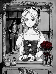 1boy 1girl celes_chere dress final_fantasy final_fantasy_vi flower hatomugi_oekaki high_ponytail highres jacket locke_cole monochrome multi-tied_hair official_alternate_costume open_clothes open_jacket ponytail rose