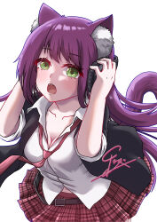 Rule 34 | 1girl, :o, absurdres, animal ear fluff, animal ears, arms up, belt, belt buckle, black jacket, blazer, blush, breasts, brown belt, buckle, cat ears, cat girl, cat tail, cleavage, collarbone, collared shirt, commentary, english commentary, green eyes, hands on headphones, headphones, highres, ibrodawae, indie virtual youtuber, jacket, long hair, looking at viewer, loose belt, loose necktie, medium breasts, navel, necktie, open clothes, open jacket, plaid clothes, plaid skirt, pleated skirt, purple hair, purple tail, red necktie, red skirt, school uniform, second-party source, shirt, signature, simple background, skirt, solo, straight hair, tail, tail raised, teeth, thedivis, thedivis (old design), upper teeth only, virtual youtuber, white background, white shirt, wing collar
