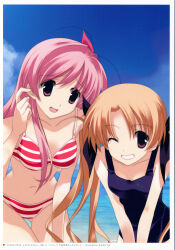 absurdres antenna_hair beach bikini blonde_hair blue_sky bow breasts chaos;head cleavage cloud collarbone finger_to_face grin hair_between_eyes hair_bow head_tilt highres leaning_forward long_hair medium_breasts narrow_waist navel non-web_source ocean one-piece_swimsuit one_eye_closed original orihara_kozue pink_bow pink_eyes pink_hair purple_one-piece_swimsuit red_eyes sakihata_rimi sasaki_mutsumi side_ponytail sky small_breasts smile striped_bikini striped_clothes swimsuit thick_thighs thighs v_arms very_long_hair