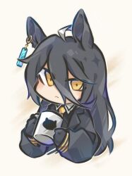 Rule 34 | 1girl, :&lt;, ahoge, animal ears, animal print, black coat, black gloves, black shirt, cat print, chibi, closed mouth, coat, collared shirt, cup, ear tag, earrings, frown, furrowed brow, gloves, grey background, hands up, highres, holding, holding cup, horse ears, horse girl, jewelry, long sleeves, looking at viewer, manhattan cafe (umamusume), mug, multicolored hair, necktie, open clothes, open coat, shirt, simple background, single earring, solo, umamusume, white hair, yellow eyes, yellow necktie, yi -xiv