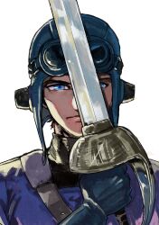 1boy black_bodysuit blue_eyes blue_gloves blue_hat blue_tunic bodysuit brown_hair commentary_request dragon_quest dragon_quest_ii gloves goggles goggles_on_headwear hat highres holding holding_sword holding_weapon kei_(desafinado) looking_at_viewer male_focus prince_of_lorasia solo sword tunic upper_body weapon white_background