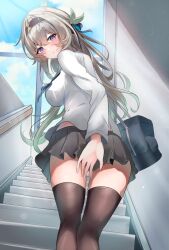1girl bag black_hairband black_thighhighs blue_neckerchief blue_pupils blush closed_mouth commentary eitei_(20041204) firefly_(honkai:_star_rail) from_behind from_below gradient_hair grey_hair grey_skirt hair_between_eyes hair_ornament hair_ribbon hairband highres honkai:_star_rail honkai_(series) miniskirt multicolored_eyes multicolored_hair neckerchief on_stairs panties pleated_skirt pout ribbon sailor school_bag shirt skirt solo thighhighs two-tone_eyes underwear white_panties white_shirt window