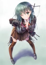 10s 1girl blush brown_thighhighs collared_shirt female_focus green_eyes green_hair grin hair_ornament hairclip hand_on_own_hip jewelry kantai_collection leaning_forward long_hair looking_at_viewer matching_hair/eyes one_eye_closed ring school_uniform shirt skirt smile solo standing striped_clothes striped_thighhighs suien suzuya_(kancolle) thighhighs wedding_band zettai_ryouiki