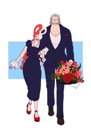 Rule 34 | 1boy, 1girl, ^ ^, beard stubble, benn beckman, blue background, bouquet, cigarette, closed eyes, commentary request, dress, facial hair, flower, full body, grey hair, hair over one eye, hair slicked back, heart blody, highres, holding, holding bouquet, locked arms, long sleeves, one piece, one piece film: red, open mouth, red hair, red shoes, shirt, shoes, short hair, simple background, smile, stubble, twintails, uta (one piece), white background, white shirt