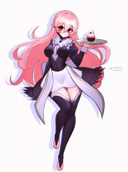 1girl alternate_costume apron black_dress breasts bridal_gauntlets cosplay dress feather_trim felicia_(fire_emblem) felicia_(fire_emblem)_(cosplay) female_corrin_(fire_emblem) fire_emblem fire_emblem_fates highres jaxdrawz maid maid_apron maid_headdress medium_breasts nintendo nohrian_maid_uniform pointy_ears red_eyes thighs