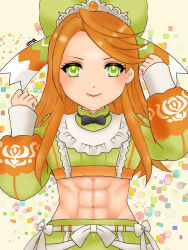 1girl abs black_bow black_bowtie bow bowtie crop_top e_m_a etie_(fire_emblem) fire_emblem fire_emblem_engage gem green_bow green_eyes green_shirt green_skirt highres nintendo orange_gemstone orange_hair shirt skirt swept_bangs tiara