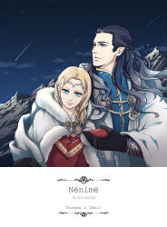 1boy 1girl artist_name black_hair blonde_hair blue_eyes braid character_name cloak closed_mouth cloud collar dated elf eyelashes falling_star father_and_daughter fur_cloak fur_trim height_difference highres holding_hands idril_celebrindal looking_down looking_to_the_side mittens mountain night outdoors parted_lips pointy_ears sky star_(sky) starry_sky teeth the_silmarillion tiara tolkien&#039;s_legendarium tressia turgon winter_clothes