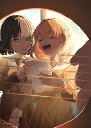 3girls :d ^_^ absurdres acoustic_guitar backlighting black_hair blunt_bangs blunt_ends bob_cut brown_dress cerise_bouquet closed_eyes commentary_request cowboy_shot dress green_eyes guitar hair_intakes hair_ornament hasu_no_sora_school_uniform highres hinoshita_kaho holding holding_notebook holding_pencil indoors instrument link!_like!_love_live! long_sleeves looking_at_another love_live! mechanical_pencil medium_hair momose_ginko morio_(mmorio_mu) multiple_girls music neckerchief notebook open_mouth orange_hair otomune_kozue pencil playing_guitar playing_instrument pleated_dress rabbit_hair_ornament raised_inner_eyebrows sailor_collar sailor_dress school_uniform short_hair signature smile teeth two_side_up upper_teeth_only virtual_youtuber white_sailor_collar window winter_uniform yellow_neckerchief