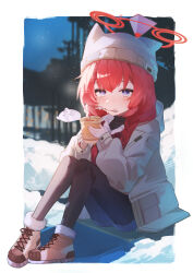 Rule 34 | 1girl, absurdres, ayu (user xkhp7843), beanie, black pantyhose, blue archive, blue eyes, boots, braid, brown boots, commentary, cup, fork, full body, fur-trimmed boots, fur trim, grey hat, grey jacket, halo, hat, highres, holding, holding cup, jacket, knees up, long hair, long sleeves, maki (blue archive), maki (camp) (blue archive), mouth hold, official alternate costume, outdoors, pantyhose, puffy long sleeves, puffy sleeves, red hair, red halo, sitting, solo, symbol-only commentary, twin braids