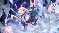 1girl :d absurdres ahoge aloupeep_(enna_alouette) angel bird_tail blonde_hair bouquet bow breasts character_name drill_hair enna_alouette enna_alouette_(1st_costume) flower full_moon hair_bow hair_flower hair_ornament harp head_wings highres holding holding_bouquet instrument long_hair looking_at_viewer low_wings mechanical_wings moon nekoya_sl nijisanji nijisanji_en open_mouth pantyhose purple_eyes reaching reaching_towards_another single_mechanical_wing small_breasts smile sparkle standing standing_on_one_leg statue tail very_long_hair virtual_youtuber white_pantyhose wings