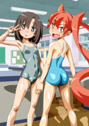 2girls ass blue_one-piece_swimsuit breasts bright_pupils brown_eyes brown_hair carinae classroom closed_mouth collarbone commentary_request covered_erect_nipples covered_navel door fang floating_hair grey_one-piece_swimsuit hair_between_eyes hand_up highres indoors kitanaga long_hair multiple_girls one-piece_swimsuit open_mouth orange_eyes orange_hair school_swimsuit shiny_skin smile standing stool swimsuit table tongue tongue_out twintails ueno-san_wa_bukiyou ueno_(ueno-san_wa_bukiyou) v white_pupils
