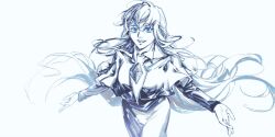 1girl blue_eyes blue_theme breasts capelet collared_dress dress floating floating_hair highres khun_maschenny_zahard long_hair long_sleeves looking_at_viewer monochrome original raised_eyebrows shancunyinian smile solo teeth tower_of_god upper_body upper_teeth_only white_background