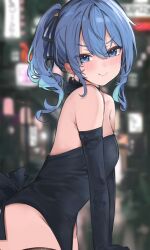 1girl appleseed_(appleseed_art) black_gloves black_leotard blue_eyes blue_hair blue_ribbon blurry blurry_background commentary double-parted_bangs elbow_gloves from_side gloves hair_between_eyes hair_ribbon highres hololive hoshimachi_suisei leotard looking_at_viewer medium_hair ribbon side_ponytail sidelocks solo star_(symbol) star_in_eye strapless strapless_leotard symbol_in_eye virtual_youtuber