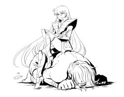 2boys all_fours androgynous armor boots commentary_request crossed_arms demon_horns eyelashes full_body gold_cloth gold_saint high_heel_boots high_heels horns human_chair human_furniture knee_up long_hair male_focus mizuhara_aki monochrome multiple_boys oni saint_seiya sitting sitting_on_person smile solo_focus very_long_hair virgo_shaka