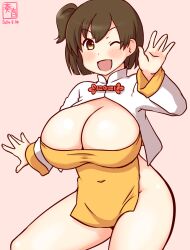 1girl alternate_costume artist_logo breasts brown_eyes brown_hair china_dress chinese_clothes cleavage_cutout clothing_cutout commentary_request contrapposto dated dress hiryuu_(kancolle) huge_breasts kanon_(kurogane_knights) kantai_collection logo long_hair one-hour_drawing_challenge one_side_up pink_background short_hair simple_background solo translation_request two-tone_dress waving yellow_background