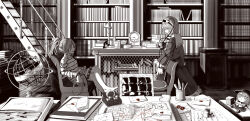 2girls :| armchair astrolabe barefoot blouse board_game book book_stack bookshelf chair character_doll chess chessboard chinese_commentary closed_mouth commentary crossed_legs cuffs desk desk_lamp foul_detective_satori frilled_shirt_collar frilled_skirt frilled_sleeves frills from_side fumo_(doll) greyscale hair_ornament hair_tubes hairband hat heart heart_hair_ornament highres indoors ink inkwell james_moriarty komeiji_koishi komeiji_satori lamp letter letter_opener loaded_interior long_sleeves looking_at_another medium_hair miyadeguchi_mizuchi monochrome multiple_girls notebook on_chair open_book paper pen pencil ponytail railing roomscape shackles sherlock_holmes shirt sidelocks sitting skirt skirt_set smirk spoilers stairs striped_clothes striped_shirt the_adventures_of_sherlock_holmes third_eye touhou wax_seal wide_sleeves yazato_ichimushi