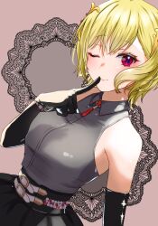 Rule 34 | 1girl, absurdres, alternate costume, bare shoulders, belt, blonde hair, citrinne (fire emblem), closed mouth, contemporary, fire emblem, fire emblem engage, highres, looking at viewer, mu tu bu, nintendo, one eye closed, red eyes, white belt