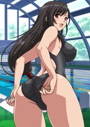 1girl :d absurdres adjusting_clothes adjusting_swimsuit ass black_one-piece_swimsuit breasts cameltoe covered_erect_nipples final_fantasy final_fantasy_vii from_behind highres indoors large_breasts long_hair low-tied_long_hair one-piece_swimsuit open_mouth pool red_eyes smile solo swimsuit tifa_lockhart very_long_hair water wet yuuyuu_(3jjbn)