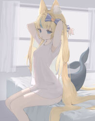 1girl :o animal_ear_fluff animal_ears arms_up bare_legs blonde_hair blue_bow blue_eyes bow breasts curtains feet_out_of_frame fins fish_tail from_side gman_(gsdeman) hair_bow hair_lift indie_virtual_youtuber legs_together long_hair looking_at_viewer looking_to_the_side multicolored_hair naked_shirt on_bed open_mouth sameko_saba see-through_clothes see-through_shirt see-through_silhouette shirt short_sleeves sitting small_breasts solo streaked_hair striped_bow tail very_long_hair virtual_youtuber white_shirt window wristband