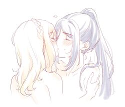 2girls blonde_hair blue_hair blush braid commentary crown_braid kiss long_hair love_live! love_live!_sunshine!! matsuura_kanan multiple_girls nude ohara_mari ponytail risai sidelocks sweatdrop yuri