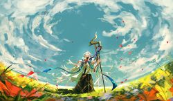1boy blue_sky cloud day falling_petals fate/grand_order fate_(series) flower full_body highres holding holding_staff hood long_hair long_sleeves looking_up male_focus merlin_(fate) mygrimsobamtee on_grass open_mouth outdoors petals robe sky solo staff standing very_long_hair white_hair white_robe