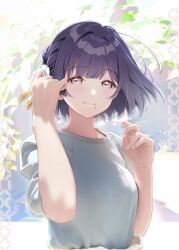 1girl alternate_costume blush fingernails gakuen_idolmaster hataya_misuzu highres hirosaji idolmaster looking_at_viewer mole mole_under_mouth purple_eyes purple_hair revision shirt short_hair smile solo tucking_hair upper_body white_shirt