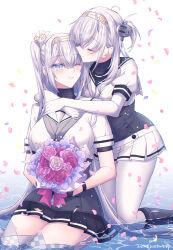 2girls black_gloves black_sailor_collar black_skirt blue_eyes blush bodysuit bouquet breasts closed_eyes clothes_writing commentary_request dated flower fuyutsuki_(kancolle) gloves grey_hair grey_neckerchief hachimaki hair_between_eyes headband headgear highres kabocha_torute kantai_collection kneeling large_breasts long_hair miniskirt multiple_girls neckerchief one_side_up petals pleated_skirt sailor_collar school_uniform serafuku sitting skirt smile suzutsuki_(kancolle) twitter_username water white_bodysuit white_sailor_collar white_skirt yuri