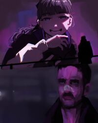 1boy 1girl bandage_on_nose black_ribbon black_shawl highres k_(blade_runner_2049) lapwing_(vrchat) laughing meme open_mouth ponytail purple_eyes ribbon ryan_gosling shawl teeth that1drawer vrchat you_look_lonely_(meme)