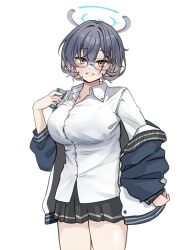 Rule 34 | 1girl, absurdres, aqua-framed eyewear, black hair, black halo, black skirt, blue archive, bra, breasts, chihiro (blue archive), green bra, halo, highres, holding, holding phone, jacket, large breasts, looking at viewer, makurino, open clothes, open jacket, phone, see-through clothes, shirt, skirt, thighs, underwear, white background, white shirt