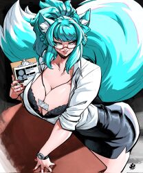 1girl animal_ears black_bra black_skirt blue_hair blue_tail bra bra_peek breasts cleavage clipboard collared_shirt fox_ears fox_girl fox_tail glasses highres holding holding_clipboard huge_breasts initial jgeorgedrawz looking_to_the_side miniskirt office_lady original red_nails shirt skirt solo tail underwear watch white_shirt wristwatch