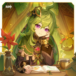 1girl absurdres ahoge bibi_(obb_spl) black_bridal_gauntlets book bookmark border box bridal_gauntlets brown_dress brown_sleeves capelet chair chinese_commentary closed_mouth collei_(genshin_impact) commentary_request copyright_name crossed_bangs cuilein-anbar_(genshin_impact) detached_sleeves dress earrings elbow_rest flower gem genshin_impact gift gift_box green_capelet green_eyes green_gemstone green_hair hair_between_eyes hair_ornament head_rest highres indoors jewelry leaf light_particles long_sleeves looking_at_viewer looking_down medium_hair official_art on_chair open_book outside_border puffy_detached_sleeves puffy_sleeves purple_eyes red_flower sidelocks single_earring sitting smile solo table tassel vase white_border windwheel_aster_(genshin_impact) wooden_table
