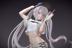 1girl 3d blender_(medium) ckb drink drinking_straw hat highres mignon navel pink_eyes shorts stomach tank_top twintails