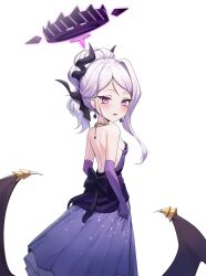 1girl back backless_dress backless_outfit bare_back black_halo blue_archive blue_gemstone blush breasts commentary_request demon_girl demon_horns demon_wings dress earrings from_side gem geomissword gloves halo highres hina_(blue_archive) hina_(dress)_(blue_archive) horns jewelry looking_at_viewer looking_to_the_side multiple_horns necklace off_shoulder official_alternate_costume official_alternate_hairstyle open_mouth pendant purple_dress purple_eyes purple_gloves sideboob simple_background small_breasts solo standing white_background white_hair wings