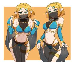 1girl adapted_costume armlet bare_shoulders blonde_hair blue_gloves blue_panties border braid breasts bridal_gauntlets cleavage commentary cowboy_shot crown_braid elbow_gloves gloves gold_trim green_eyes harem_outfit highres hyyun_ho jewelry large_breasts looking_at_viewer midriff mouth_veil multiple_views navel nintendo orange_background outside_border panties parted_lips pointy_ears princess_zelda see-through_cleavage see-through_clothes see-through_legwear short_hair stomach the_legend_of_zelda the_legend_of_zelda:_tears_of_the_kingdom thighlet underwear veil white_border
