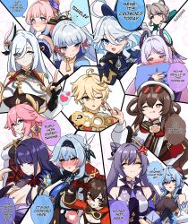 1boy 6+girls ? aether_(genshin_impact) amber_(genshin_impact) anger_vein angry animal_ears aqua_eyes artist_name ayaka_(genshin_impact) blonde_hair blue_eyes blue_hair blue_hat blush brown_hair cat_ears closed_eyes closed_mouth commentary curled_horns english_commentary english_text eula_(genshin_impact) eyewear_on_head fox_ears fox_girl furina_(genshin_impact) ganyu_(genshin_impact) genshin_impact goat_horns goggles goggles_around_neck gold_trim gradient_hair grey_hair harem hat heart heterochromia highres horns hu_tao_(cherries_snow-laden)_(genshin_impact) hu_tao_(genshin_impact) hugging_object keqing_(genshin_impact) kulojawa long_hair looking_at_another looking_to_the_side lynette_(genshin_impact) multicolored_hair multiple_girls official_alternate_costume one_eye_closed own_hands_together pillow pillow_hug pink_hair purple_hair raiden_shogun red_horns round_eyewear sangonomiya_kokomi scarf shenhe_(genshin_impact) short_hair speech_bubble symbol-shaped_pupils thought_bubble tongue tongue_out top_hat twintails two-tone_hair v very_long_hair white_hair white_hat white_scarf yae_miko yellow_eyes