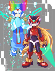 Rule 34 | 2boys, absurdres, armor, black eyes, blonde hair, blue eyes, blue helmet, cyber elf x (mega man), energy sword, floating, full body, halo, helmet, highres, holding, holding sword, holding weapon, long hair, looking at viewer, male focus, mechanical wings, mega man (series), mega man zero (series), meshiuma0x, midair, multicolored halo, multiple boys, no nose, rainbow halo, red armor, red helmet, sword, weapon, wings, x (mega man), z saber, zero(z) (mega man), zero (mega man)