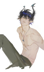 1boy abs absurdres adam&#039;s_apple antenna_hair asymmetrical_horns black_hair black_horns black_pants blue_eyes collarbone commentary double-parted_bangs earrings english_commentary hair_between_eyes head_back highres horns invisible_chair jewelry knee_up looking_to_the_side male_focus multiple_earrings necklace nijisanji nijisanji_en nipples open_mouth pants pectorals piercing pointy_ears ren_zotto sideways_glance simple_background sitting solo stud_earrings teeth toned toned_male topless_male uneven_horns unfinished virtual_youtuber white_background yuigacyako