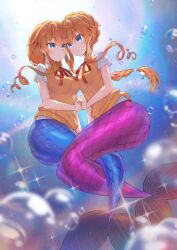 2girls air_bubble binato_lulu blue_eyes blush braid breasts brown_sweater_vest bubble commentary_request commission date_a_live drill_hair drill_sidelocks hair_between_eyes highres interlocked_fingers intertwined_tails large_breasts long_hair looking_at_another medium_breasts mermaid monster_girl monsterification multiple_girls neck_ribbon orange_hair parted_lips red_ribbon ribbon school_uniform shirt short_sleeves siblings sidelocks signature sisters sparkle sweater_vest twins underwater white_shirt yamai_kaguya yamai_yuzuru