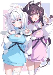2girls :d ahoge angel angel_wings animal_ear_fluff animal_ear_legwear animal_ears bandaged_leg bandages bell black_choker black_hair blue_dress blue_eyes blue_hair blunt_bangs blush border breasts cat_cutout cat_ear_legwear cat_ears cat_girl cat_tail choker cleavage cleavage_cutout closed_mouth clothing_cutout collared_dress colored_inner_hair demon_girl demon_tail demon_wings detached_sleeves detached_wings dress fang flat_chest frills hair_intakes hair_ornament hairclip halo hand_up heart heart_ahoge heart_hair_ornament highres large_breasts long_hair long_sleeves looking_at_viewer meme_attire mikurate&amp;shugarate_(vrchat) mini_wings multicolored_hair multiple_girls neck_bell open_mouth outline outside_border paw_pose pink_dress pink_eyes pink_hair pink_sweater puffy_long_sleeves puffy_sleeves purple_eyes purple_hair short_dress single_thighhigh six_box skin_fang small_breasts smile streaked_hair sweater sweater_dress tail thigh_gap thighhighs two-tone_hair two_side_up v vrchat white_border white_hair white_outline white_sleeves white_thighhighs wing_hair_ornament wings x_hair_ornament