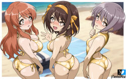 3girls arm_at_side asahina_mikuru ass back bikini breasts brown_eyes brown_hair cleavage ears from_above from_behind golden_week grey_hair hair_ribbon hairband hand_up happy long_hair long_sidelocks looking_at_viewer looking_back medium_hair multiple_girls nagato_yuki one-piece_swimsuit open_mouth orange_hair ribbon short_hair shy sideboob sidelocks suzumiya_haruhi_no_yuuutsu swept_bangs swimsuit t-works